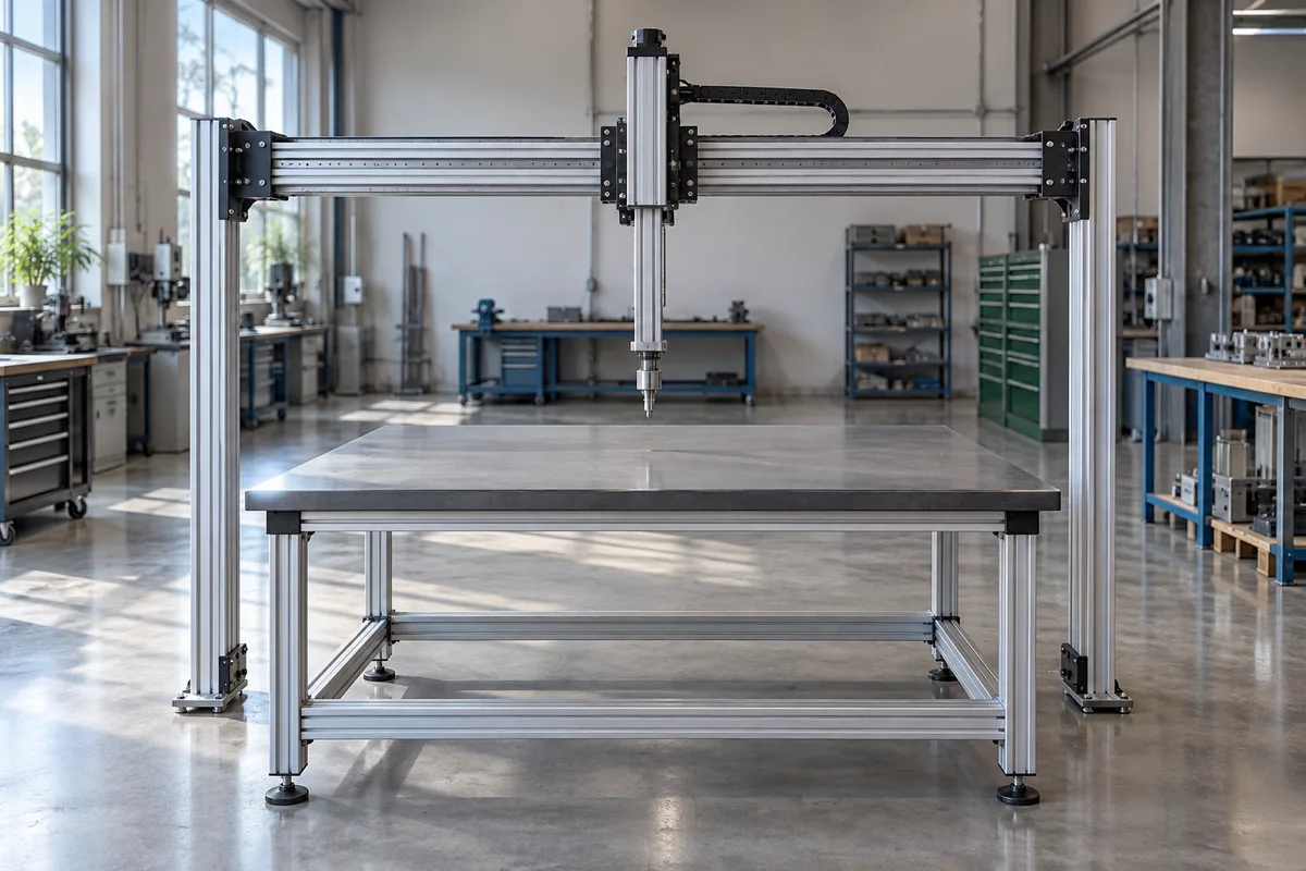Portique cartésien enjambant un plan de travail vide dans un atelier mécanique