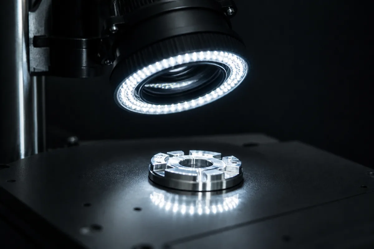 Éclairage annulaire à LED illuminant une pièce métallique sous une caméra de contrôle en atelier