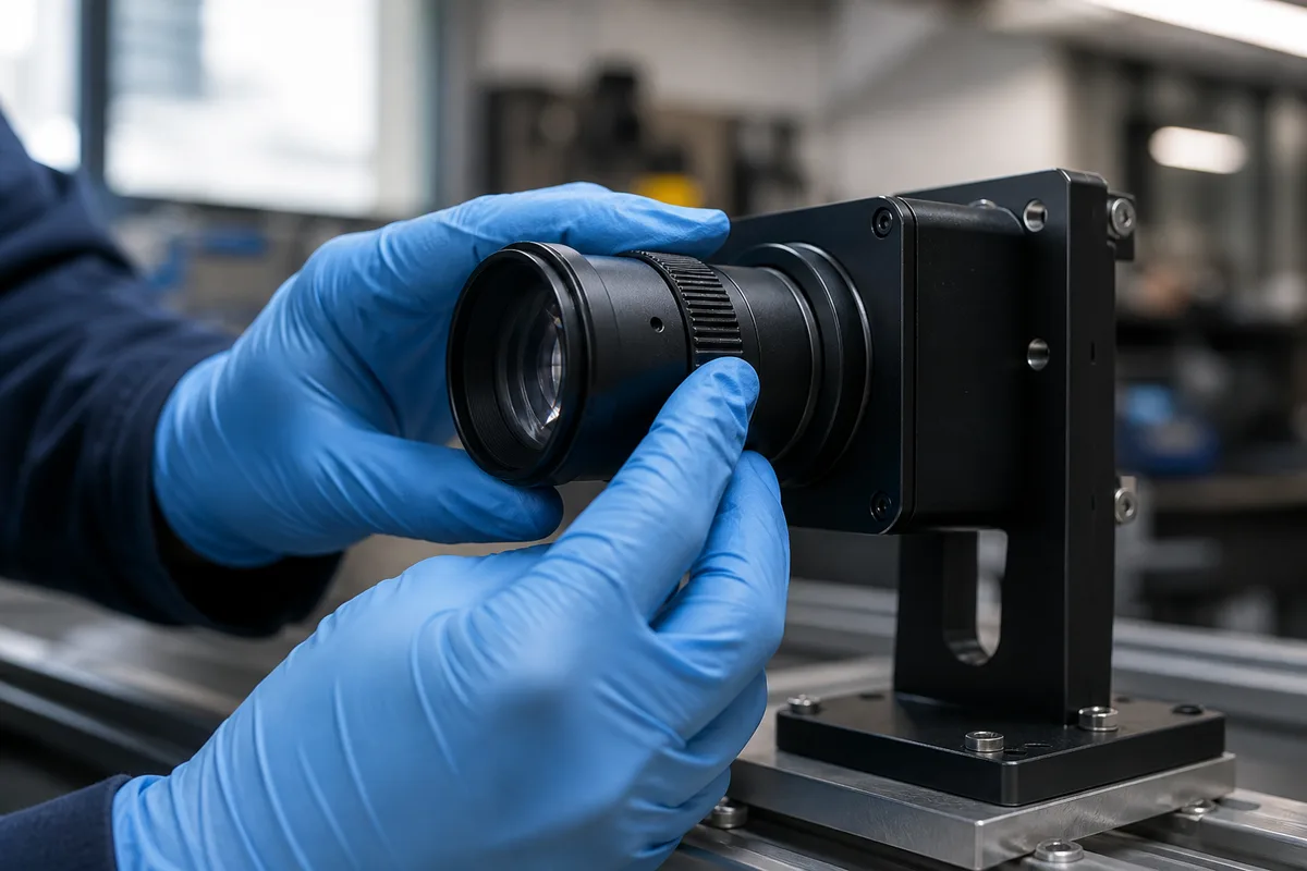 Opérateur ajustant l&rsquo;optique d&rsquo;une caméra de contrôle sur une ligne de production industrielle